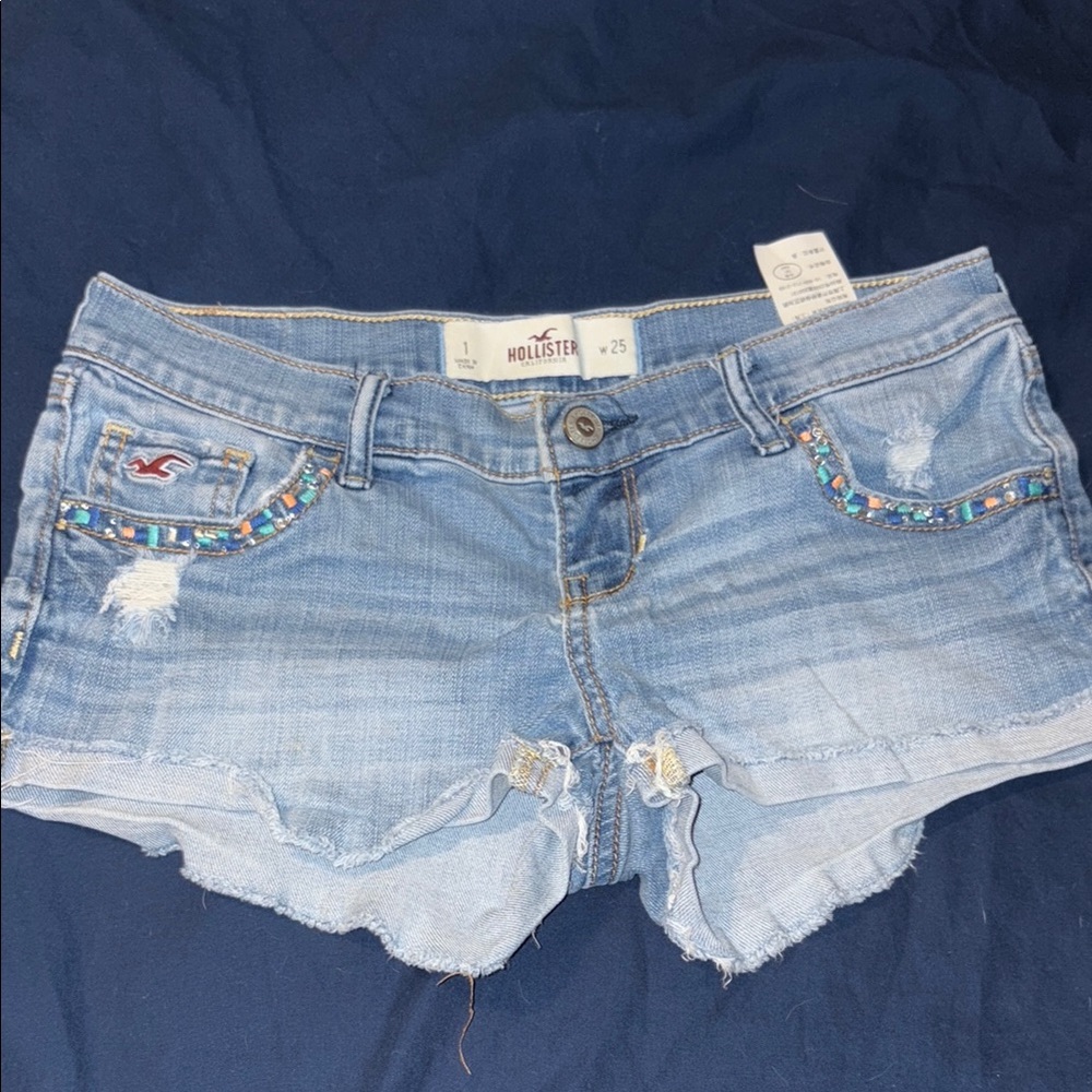 Hollister Blue Jean Shorts with Distressed Hem and Stretch Fit
